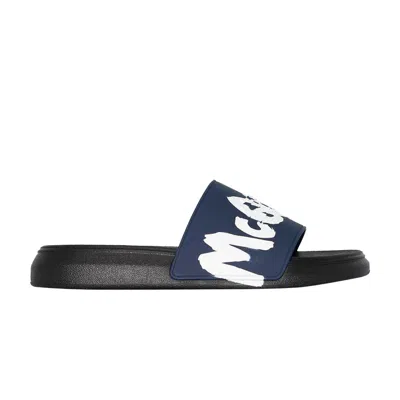 Pre-owned Alexander Mcqueen Rubber Pool Slide 'graffiti - Midnight Petrol' | Blue | Men's Si