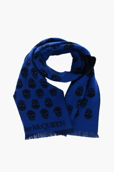 Alexander Mcqueen All-over Skulls Embroidered Wool Upside Down Scarf In Blue