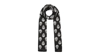 Pre-owned Alexander Mcqueen Allover Skullprint With Stripe Scarf In Black White In Multi