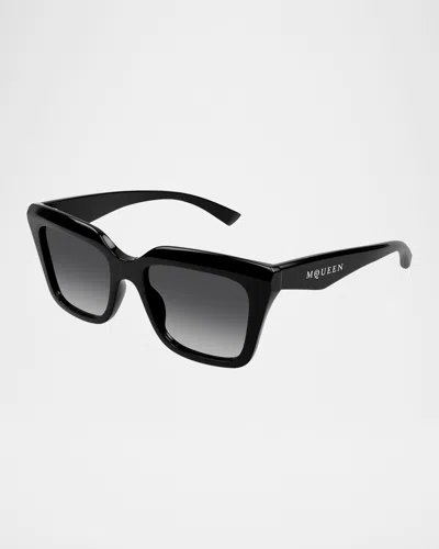 Alexander Mcqueen Am0473sa Logo Rectangle Acetate Sunglasses In Shiny Solid Black