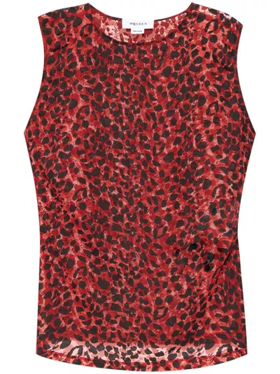 Alexander Mcqueen Leopard Printed Sleeveless Top In Rosso E Nero