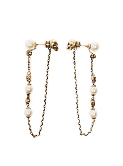 Alexander Mcqueen Antique Gold-finished Drop Chain Earring With Skulls And Pearls In Brass Woman