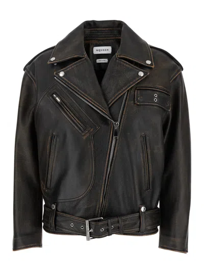 Alexander Mcqueen Antiqued Brown Biker Jacket With Wide Classic Lapels And Decentralized Zip Closure In Leather Woman In Multicolor