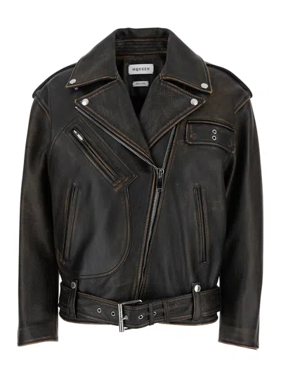 ALEXANDER MCQUEEN ALEXANDER MCQUEEN WOMEN ANTIQUED BROWN BIKER JACKET WITH WIDE CLASSIC LAPELS AND DECENTRALIZED ZIP C