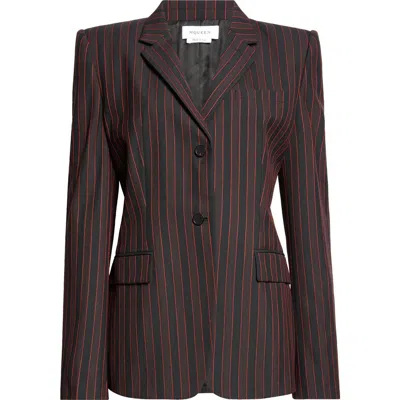 Alexander Mcqueen Pinstriped Wool Blazer In Black/bordeaux