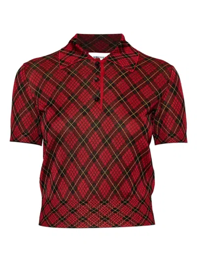 Alexander Mcqueen Microcheck Polo Shirt Lurex Collar Detail In Red