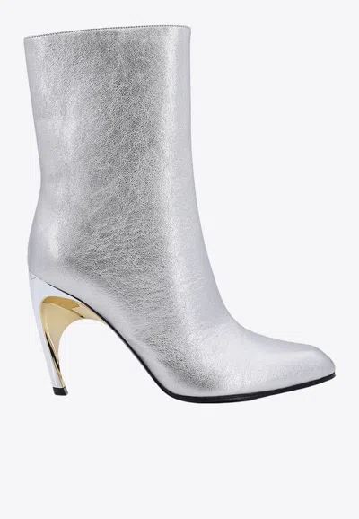 Alexander Mcqueen Armadillo 95 Metallic Leather Ankle Boots In Silver