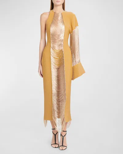 Alexander Mcqueen Armour-stitch Fringe Cutout Asymmetric Midi Dress In Gold Metal