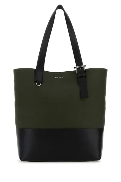Alexander Mcqueen Army Green Canvas Shopping Bag In Brown