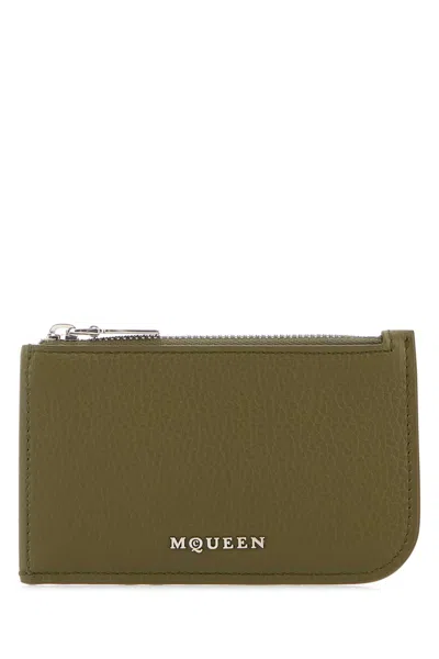 Alexander Mcqueen Army Green Leather Card Holder In Black
