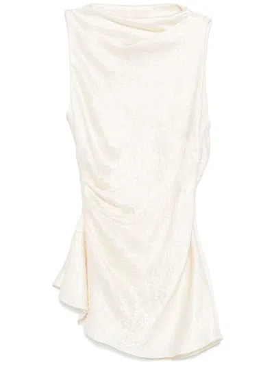 Alexander Mcqueen Asymmetric Gathered Top In Oyster Grey Satin In White