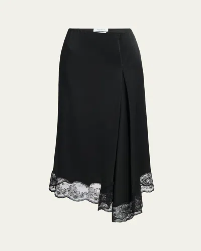 Alexander Mcqueen Asymmetric Lace-trim Satin Midi Skirt In Black
