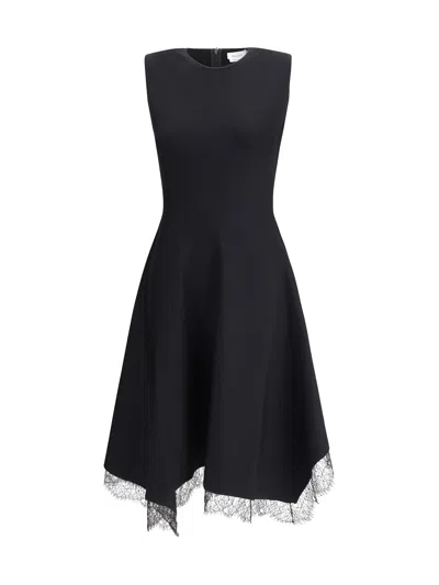 Alexander Mcqueen Asymmetric Hem Lace Trim Sleeveless Dress In Black