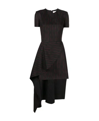Alexander Mcqueen Asymmetric Pinstripe Dress In Black