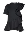 Alexander Mcqueen Mixed Media Ruffle Detail Cotton Top In Black
