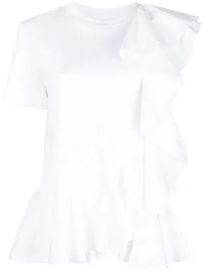 Alexander Mcqueen Asymmetric Ruffled T-shirt In Weiss