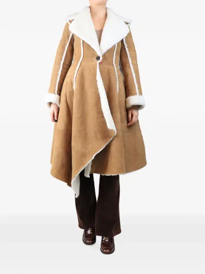 Pre-owned Alexander Mcqueen Asymmetric Shearling-trim Coat In Neutral