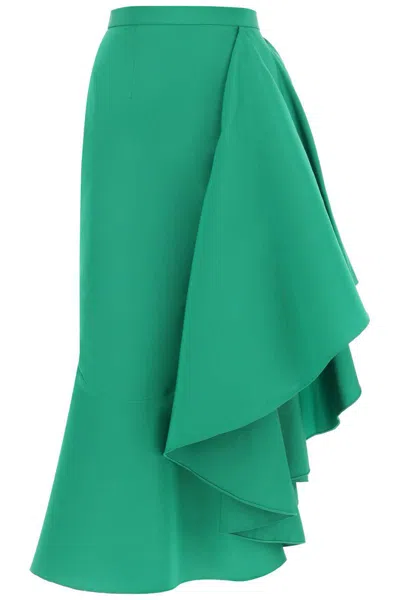 Alexander Mcqueen Asymmetric Skirt With Maxi Flounce In Green