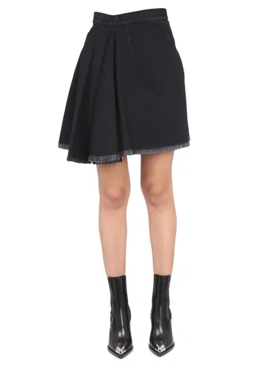 Alexander Mcqueen Fringed Hem Denim Skirt In Black