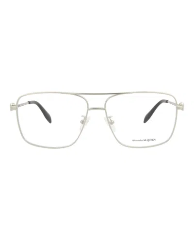 Pre-owned Alexander Mcqueen Aviatorframe Metal Optical Frames In Silver Silver Transparent (am0277o/30009377/003)