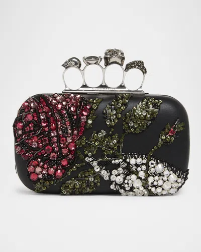 ALEXANDER MCQUEEN BEAD & CRYSTAL FLOWER SKULL FOUR RING CLUTCH BAG
