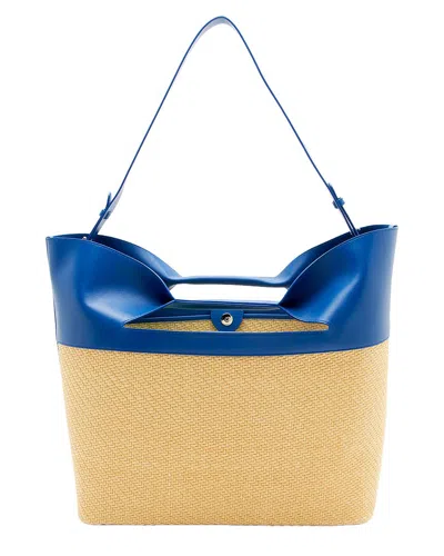Pre-owned Alexander Mcqueen Beige & Blue Leather & Raffia The Bow Tote (authentic Pre-  Loved)