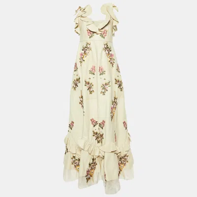 Pre-owned Alexander Mcqueen Beige Embroidered Lambskin Leather Maxi Dress S