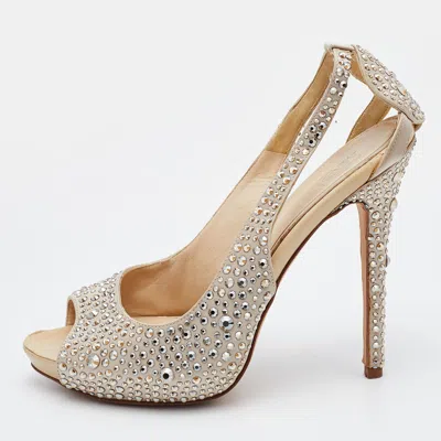 Pre-owned Alexander Mcqueen Beige Satin Crystal Embellished Peep Toe Pumps Size 38.5
