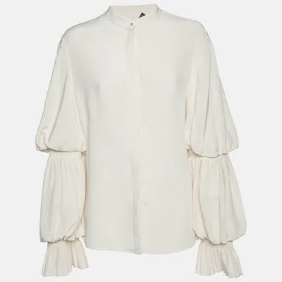Pre-owned Alexander Mcqueen Beige Silk Ruffle Sleeve Button Up Shirt L In Sand