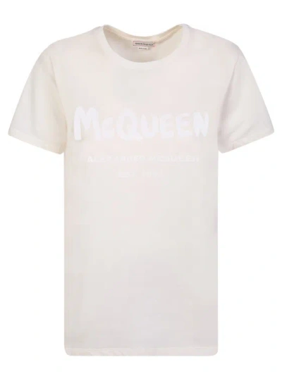 Alexander Mcqueen Beige T-shirt With Printed Graffiti Logo In White