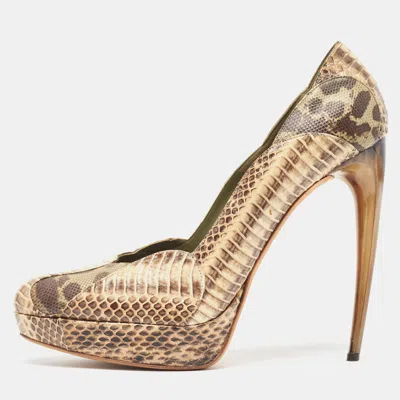 Pre-owned Alexander Mcqueen Beige/brown Watersnake And Karung Round Toe Pumps Size 41