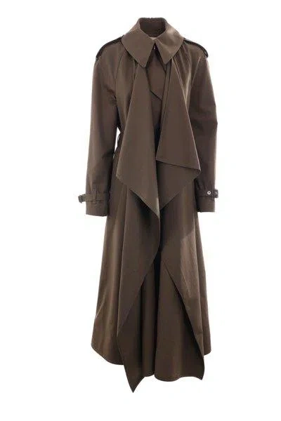 Alexander Mcqueen Double-breasted Trench Coat With Draped In Khaki