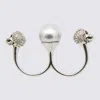 Alexander Mcqueen Maxi Beaded Double Ring With Skull Embellished Rhinestones In Silver