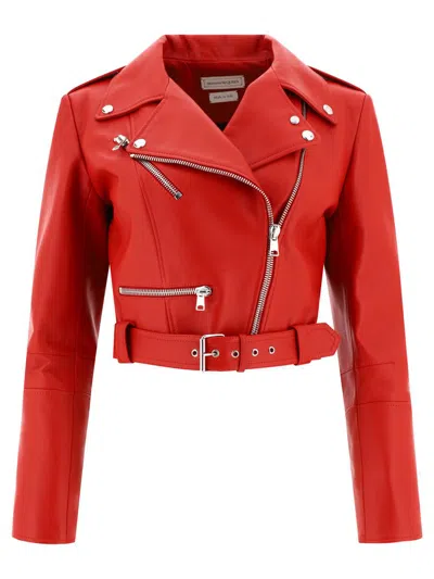 Alexander Mcqueen Cropped Leather Biker Jacket In Red