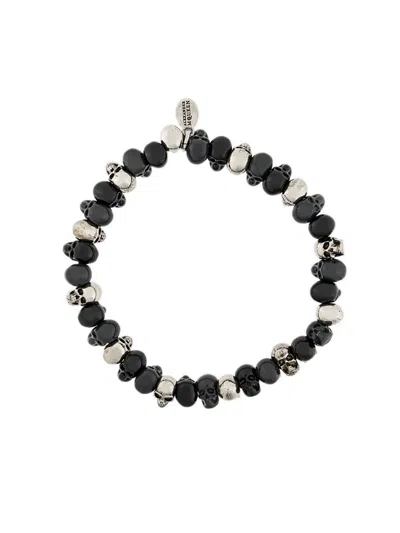 Alexander Mcqueen Black And Silver Bracelet With Pearls And Skulls