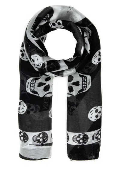 ALEXANDER MCQUEEN BLACK AND WHITE PRINTED FOULARD SCARF