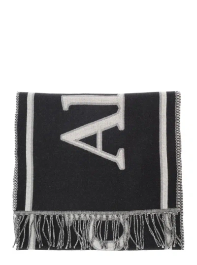 Alexander Mcqueen Black And White Scarf With Varsity Logo In Wool