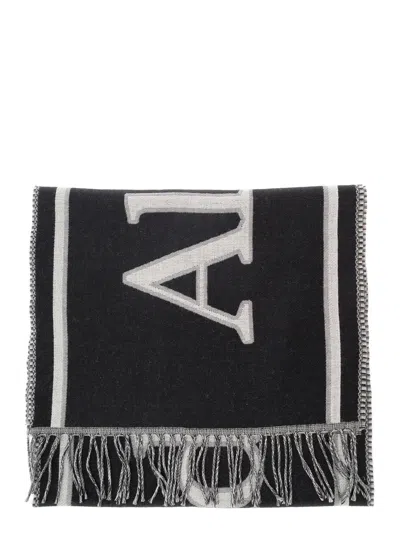 Alexander Mcqueen Black And White Scarf With Varsity Logo In Wool Man In Multicolor