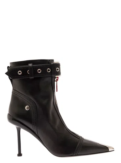 Alexander Mcqueen Leather Buckle-cuff Stiletto Moto Booties In Black