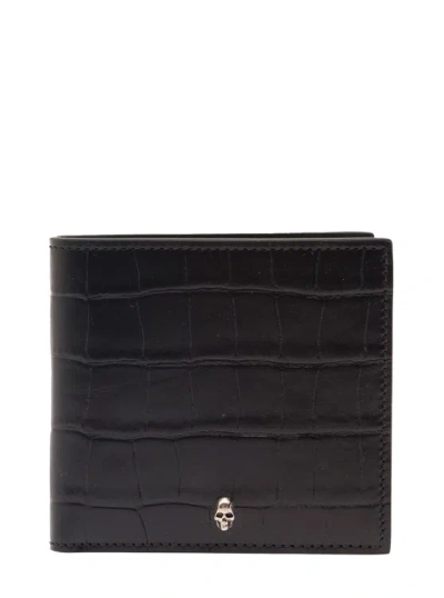 Alexander Mcqueen Black Bi-fold Wallet With Mini Skull Patch In Croco Embossed Leather