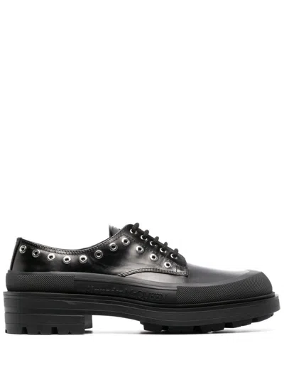 ALEXANDER MCQUEEN BLACK BLACK TREAD SLICK LEATHER LACE UP SHOES