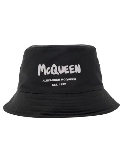 Alexander Mcqueen Black Bucket Hat With Tonal Graffiti Logo In Polyester