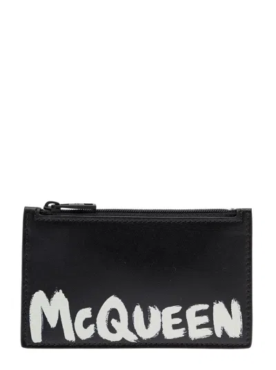 Alexander Mcqueen Black Card-holder With Contrasting Graffiti Logo In Smooth Leather Man In Multicolor