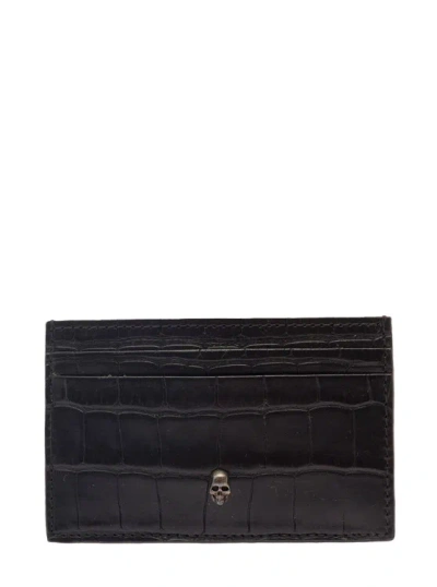 Alexander Mcqueen Black Card-holder With Mini Skull Patch In Croco Embossed Leather