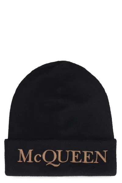 Alexander Mcqueen Black Cashmere Beanie Hat In Pink