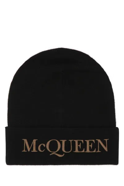 ALEXANDER MCQUEEN BLACK CASHMERE BEANIE HAT