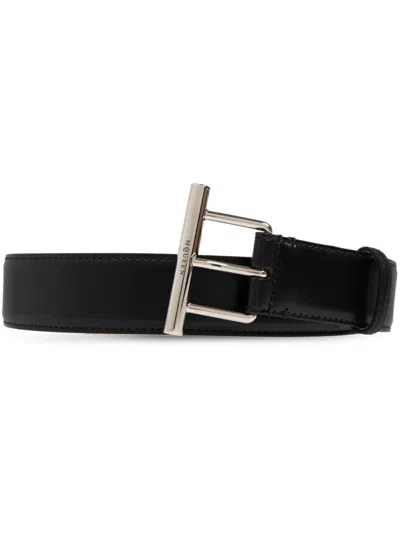 ALEXANDER MCQUEEN BLACK T-BAR BUCKLED LOGO ENGRAVED BELT