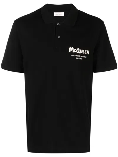 Alexander Mcqueen Black Cotton Polo Shirt With Graffiti Embroidered Logo For Men