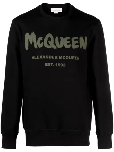 Alexander Mcqueen Black Cotton Sweatshirt With Logo Print And French Terry Lining For Men