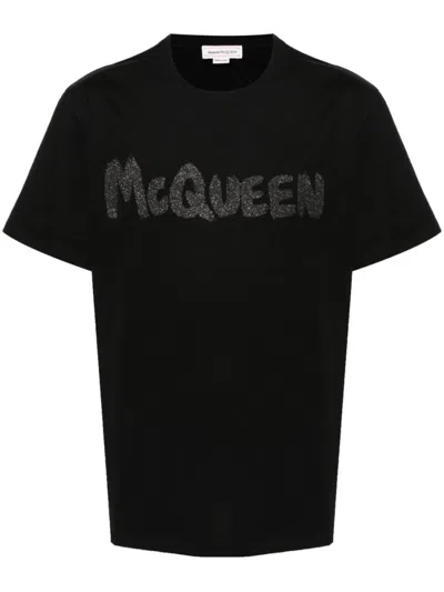 ALEXANDER MCQUEEN BLACK COTTON T-SHIRT WITH FRONT LOGO PRINT EMBELLISHED WITH RHINESTONES